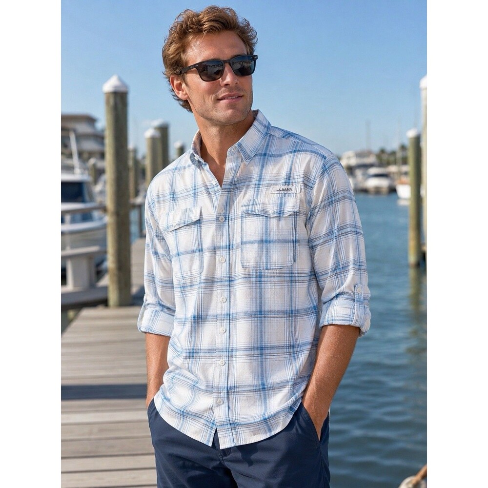 Habit Mens White Blue Striped Long Sleeve Vented Fishing Shirt XL Dockside SF 40